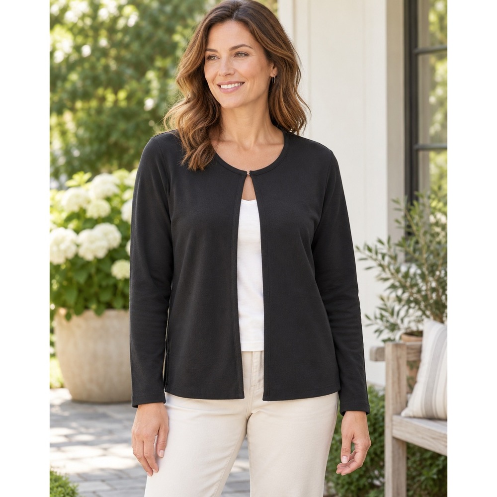 L.L.Bean Women Large Black Supima Cotton Micro Modal Open Front Cardigan Stretch
